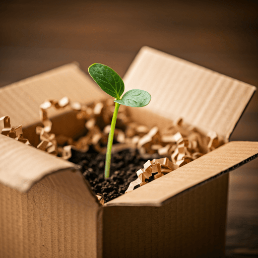 A young seedling growing inside an open kraft shipping box